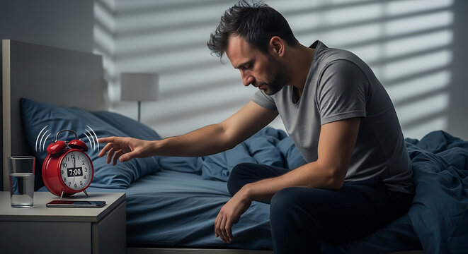 Man reaching for buzzing alarm clock on bedside table in morning light