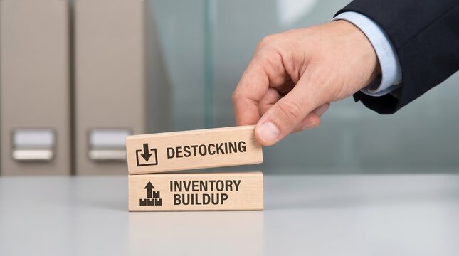 Business hand holding a wooden block with destocking text above another block with inventory buildup text symbolizing supply chain management and logistics concepts