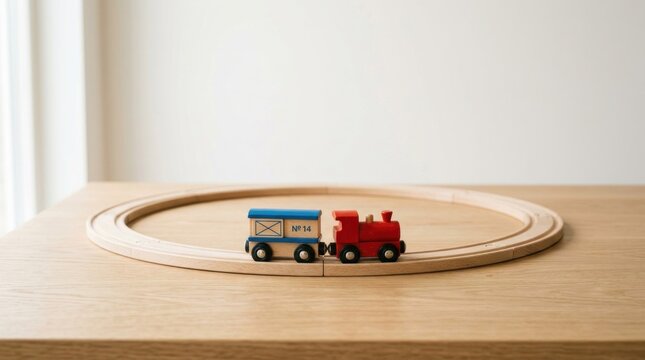 A wooden train set with a red engine and a blue and white boxcar on a circular wooden track, placed on a wooden table with a white background.