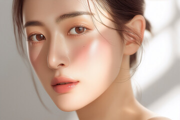 Naklejka premium 美容, 女性, スキンケア, 化粧品, ビューティー, 若い女性, 美肌, 日本人, アジア人, フェイシャル, メイク, 美容液, 保湿, クリーム, エイジングケア, 美容医療, エステ, 美容クリニック, 肌ケア, ナチュラルメイク, 透明感, ツヤ肌, モデル, 笑顔, ポートレート, クローズアップ, リラックス, 癒し, 健康的, 美白, コラーゲン, ヒアルロン酸, アンチエイジング