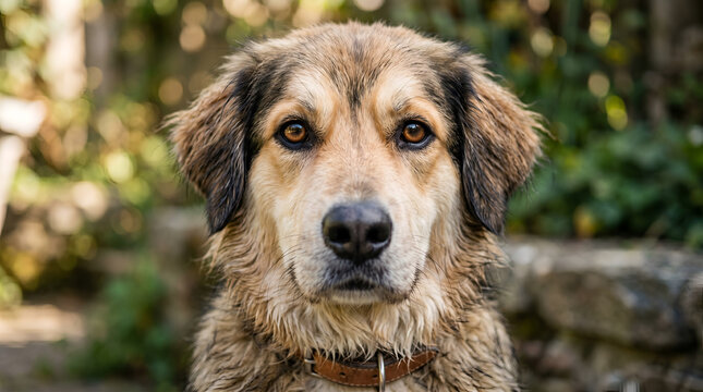 Close up portrait of a fluffy brown mixed breed dog looking at the camera in a garden. Loyal domestic pet with expressive eyes and a brown collar.