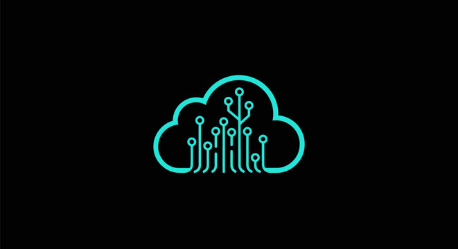 Abstract cloud computing network technology circuit board pattern on a dark background