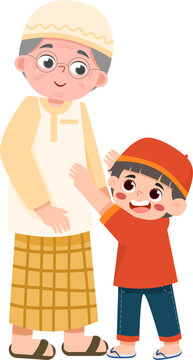 Muslim Grandfather and Grandson Cartoon Illustration