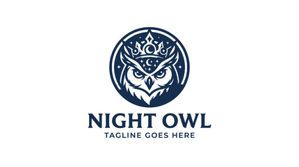 Fototapeta premium Night Owl logo with a crowned owl face and celestial stars in a circular emblem.