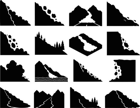 Landslide and rockslide silhouettes vector icon set isolated
