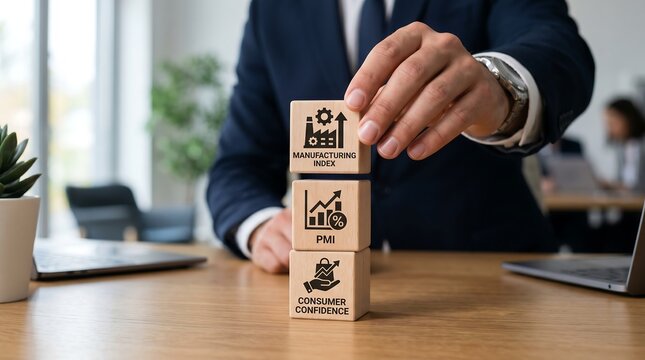 Businessmans hand stacking wooden cubes representing manufacturing index PMI and consumer confidence on an office desk with laptops