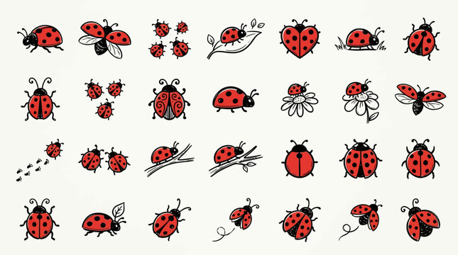 Set of cute hand drawn ladybug vector illustrations.
