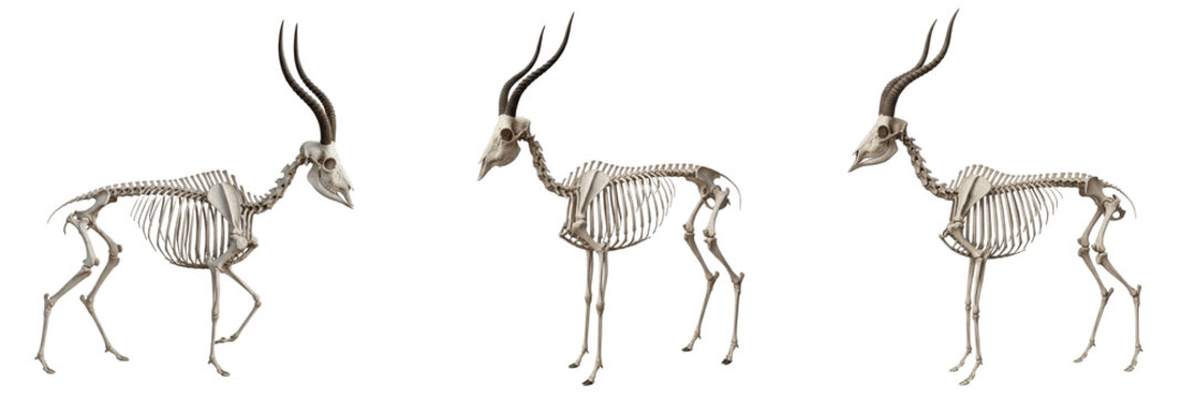 Antelope skeleton, Hippotragus niger, graceful horn structure anatomy, Bovidae artiodactyl cursorial ruminant osteology, slender elongated limb bones skeletal framework profile mapping calibration