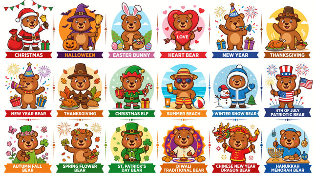 Set of cute teddy bear characters celebrating various holidays and seasons.