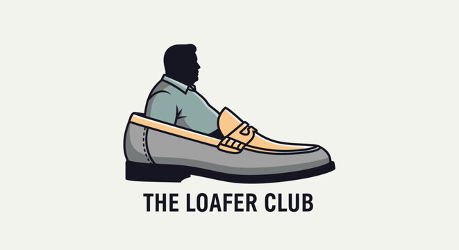Man sitting inside a giant leather loafer shoe concept