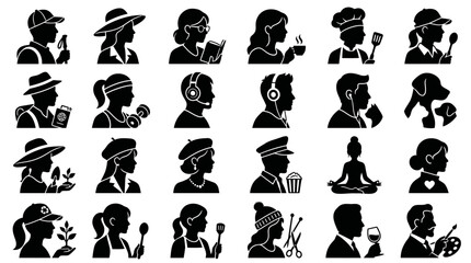 Fototapeta premium Set of diverse human character profile silhouette icons for various activities and hobbies.