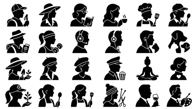 Set of diverse human character profile silhouette icons for various activities and hobbies.