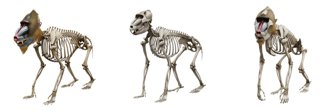 Mandrill skeleton, Mandrillus sphinx, colorful primate transformed into realistic bones, Cercopithecidae catarrhini osteology, hyper-developed paranasal ridges canine cranium skeletal framework layout