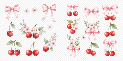 Watercolor set of sweet red cherries, delicate pink bows, and blooming cherry blossoms, perfect for charming designs and decorations. © Akun
