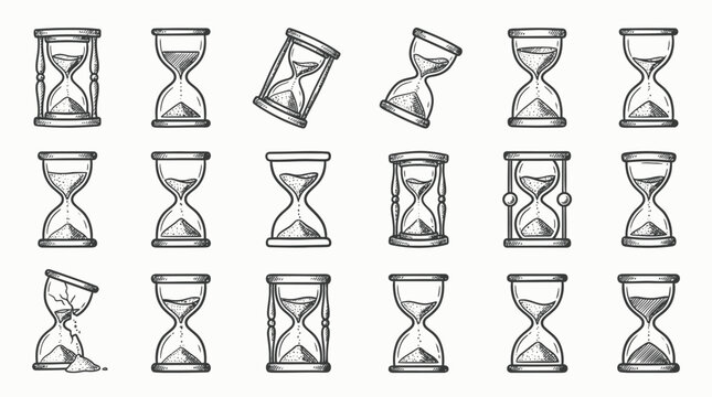 Set of hand drawn hourglasses with sand and time measurement icons.