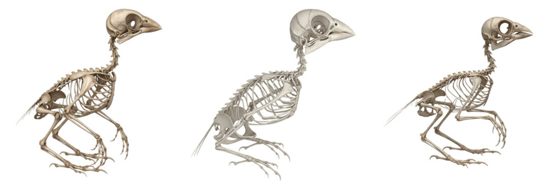 Finch skeleton, Fringilla coelebs, tiny bird bone anatomy, scientific render, Fringillidae passerine songbird osteology, short conical seed-cracking beak skull architecture mapping template