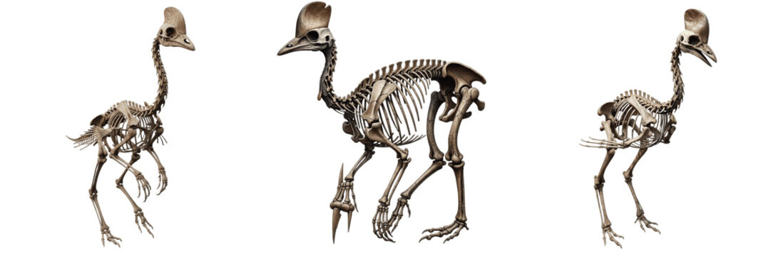 Cassowary dinosaur-like skeleton, Casuarius casuarius, prehistoric bird appearance, Casuariidae ratite osteology, cranial casque extension tridactyl skeletal limb framework profile tracking map