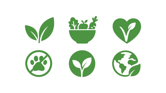 Set of green vegan and plant based icons representing eco friendly products cruelty free labels and healthy organic food