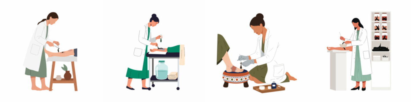Hirudotherapy Treatment Scenes Set: Professional Practitioners Applying Medicinal Leeches to Patients for Alternative Therapy and Natural Healing Processes.