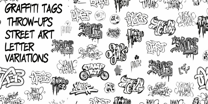Graffiti tags pattern black ink on white background