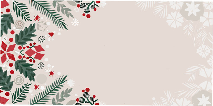 Evergreen and holly berry floral ornament with a beige background