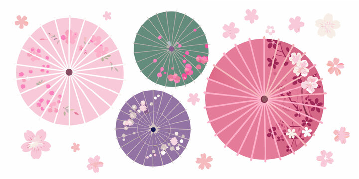 Floral paper umbrellas and blossoms a colorful vector illustration