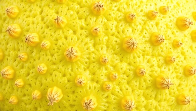 Close-up Macro View of Yellow Citrus Fruit Peel Texture with Water Droplets.