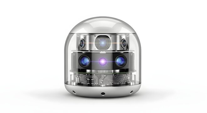 Robot with camera on its head futuristic surveillance machine close up