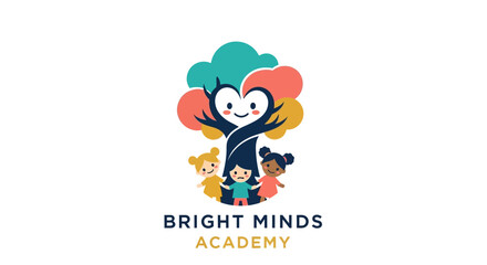 Naklejka premium A playful and heartwarming logo depicting a smiling, nurturing tree with diverse, happy children, ideal for an early learning center focused on development and joy
