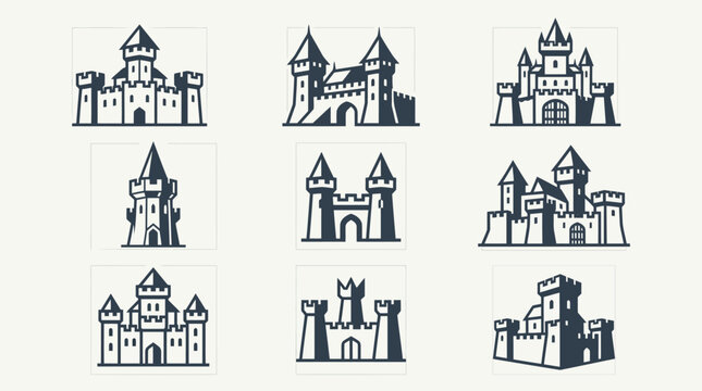 Set of hand drawn medieval castle icons and fortress sketches.