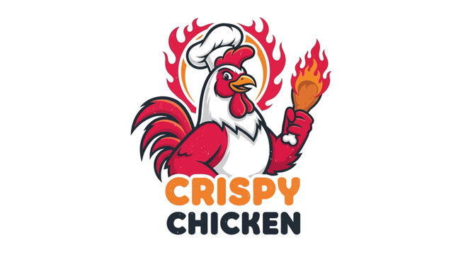 Dynamic Rooster Chef Mascot Logo Design for Fast Food Restaurant or Fried Chicken Brand, Featuring a Fiery Drumstick Illustration and Vibrant Flames