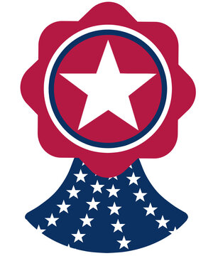 Red rosette badge icon with big white star and wide blue starry ribbon tail graphic design