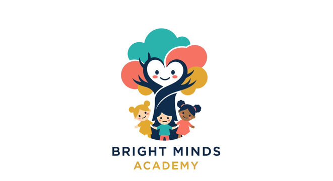 A playful and heartwarming logo depicting a smiling, nurturing tree with diverse, happy children, ideal for an early learning center focused on development and joy