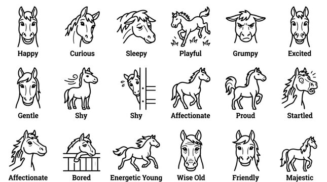 Set of horse character expressions and emotions in doodle style.