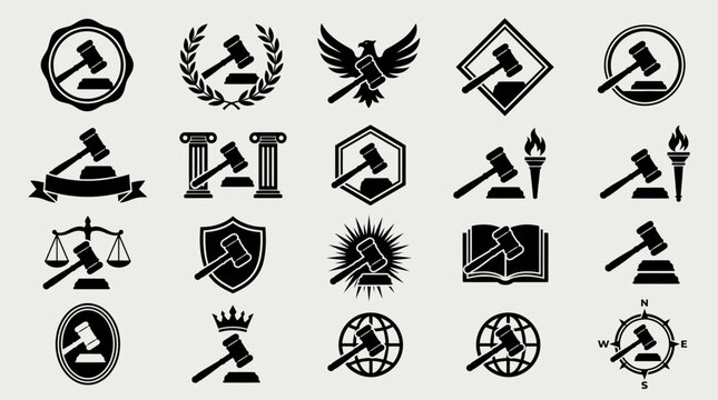Set of law and justice legal symbols and gavel icons.