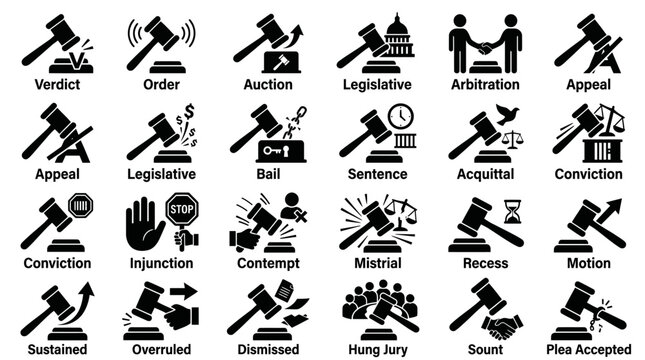 Set of Legal and Courtroom Process Icons.