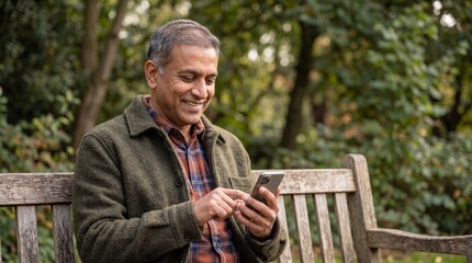 Fototapeta premium Man smiling while using smartphone on park bench