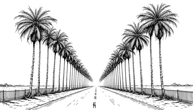 Perspective Sketch of a Palm Tree Lined Road or Avenue
