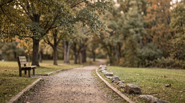 Wooden bench beside a park path in autumn