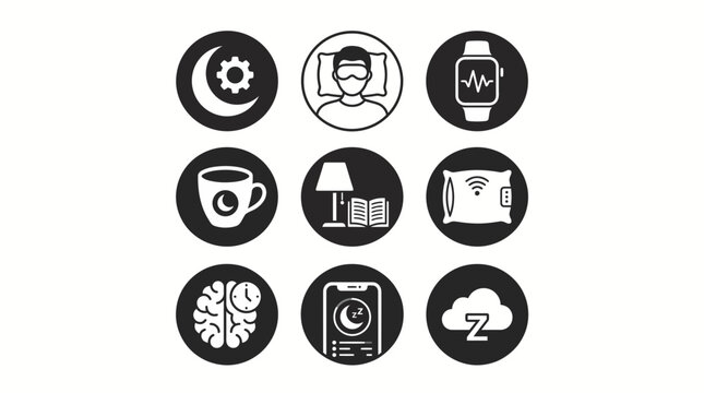 Monochrome Sleep, Insomnia, and Nighttime Health Tracking Vector Icon Set