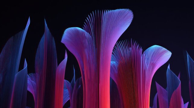 Abstract glowing structures feature vibrant neon light accents against a dark backdrop