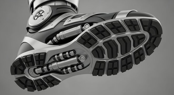 Pair of shoes with metal sole futuristic footwear concept product photo