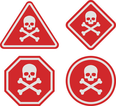 Collection of four red warning signs featuring the universal symbol for danger, skull and crossbones, in various geometric shapes including triangle, octagon, diamond, and circle