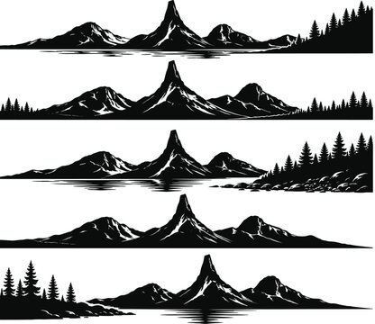 Black silhouette of mount rushmore and pine trees with water reflection on a white background