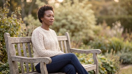 Fototapeta premium Serene woman sitting on a wooden bench in a garden