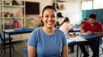 Fototapeta premium Smiling adult woman in a bright classroom