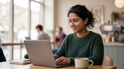 Fototapeta premium Woman smiling while typing on laptop in a cafe