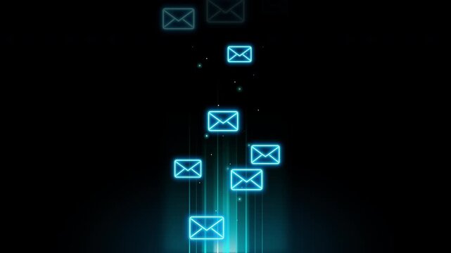 Animation of glowing blue digital mail icons floating upward as a seamless loop on a deep black background