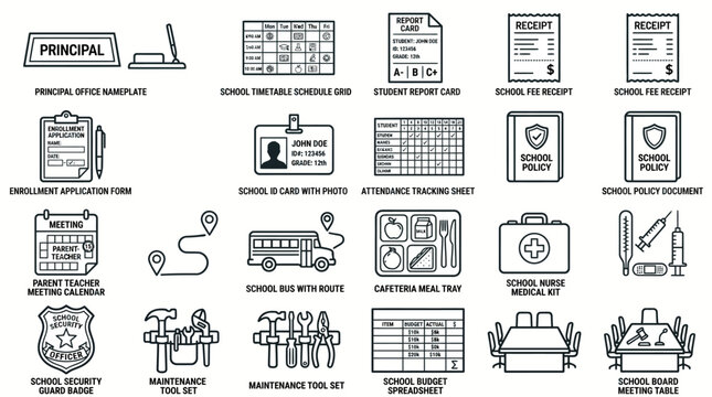 Set of school administration and education line icons.