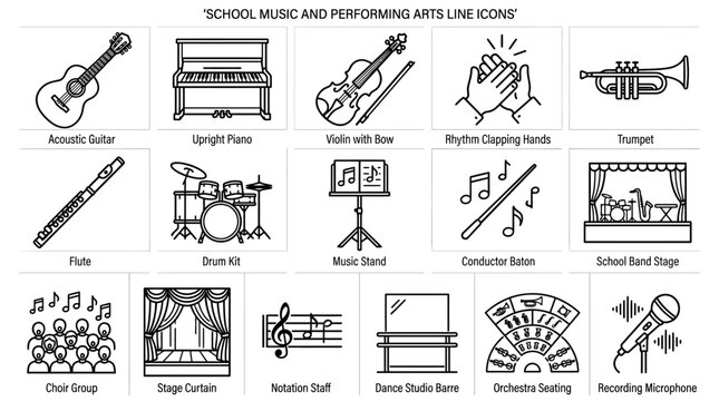 Set of school music and performing arts line icons.